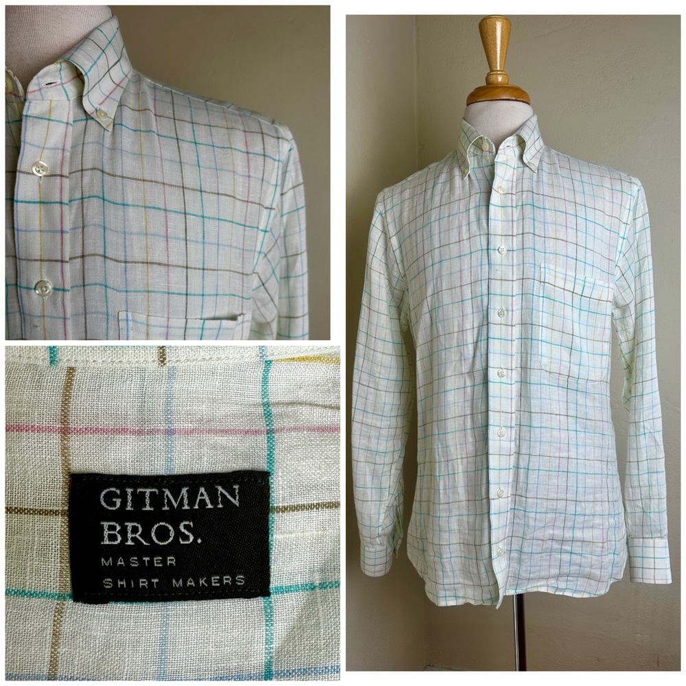 Gitman Bros Shirt Mens Ivory Colorful Plaid 100% Linen Button Down Made USA M